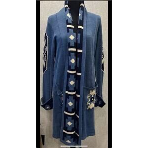 Wrangler western Aztec duster Long Sweater Cardigan Open Ranch Blue Western W